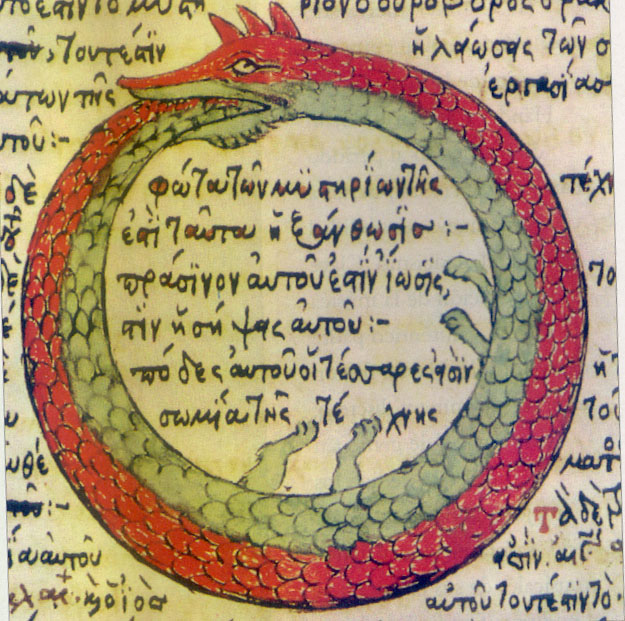 Illustration from a medieval manuscript of a red serpent circling round to swallow its own tail.